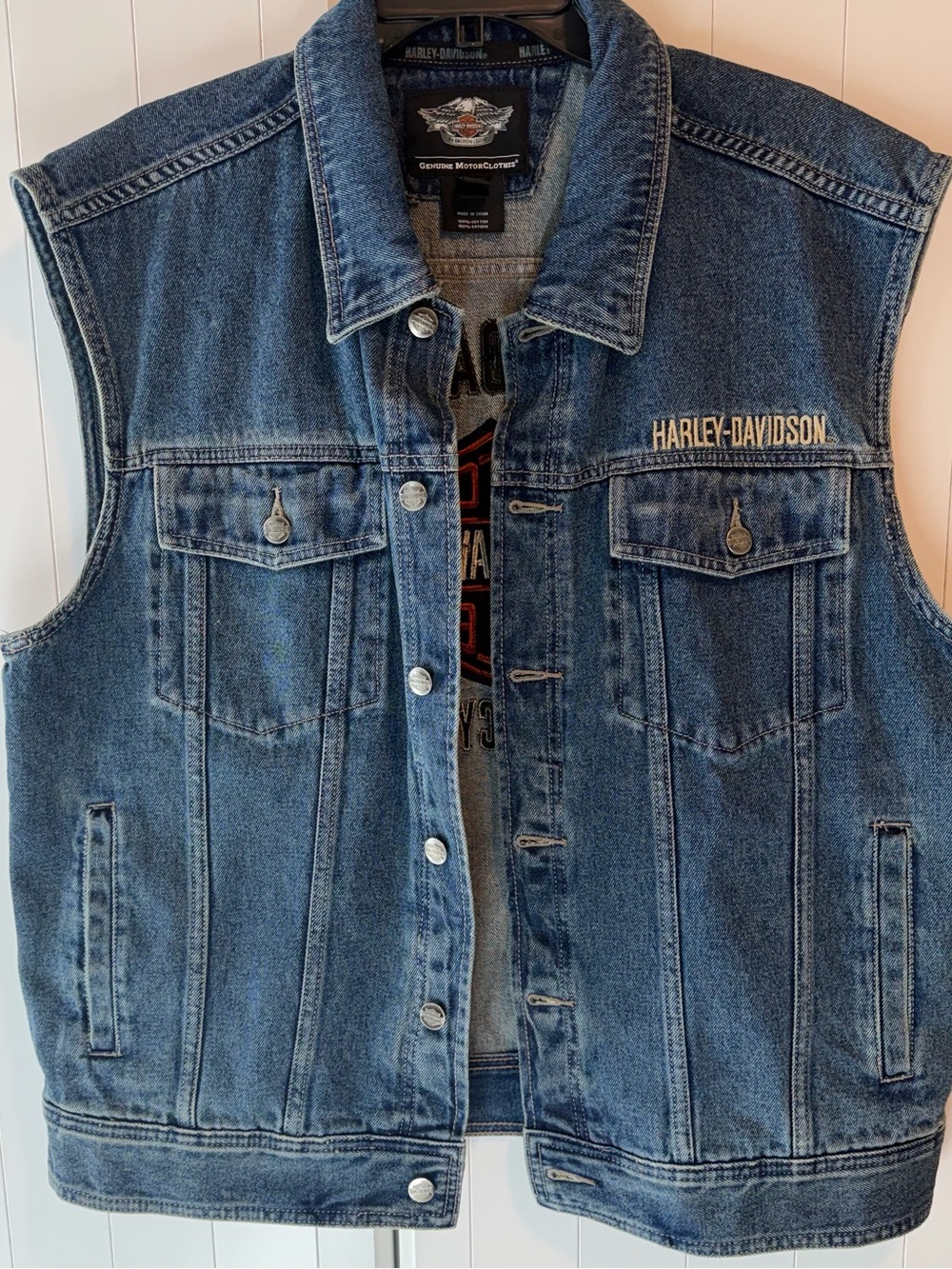 HARLEY DAVIDSON MOTORCLOTHES EMBROIDERED PATCH Denim Jean Jacket Vest Blue XL